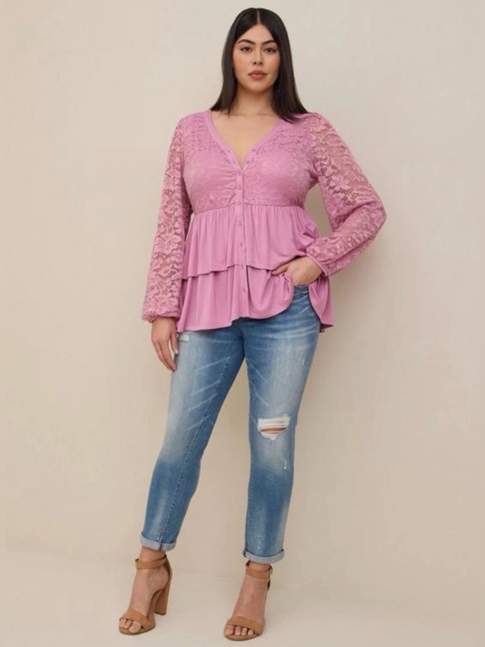 Torrid Babydoll Lace Super Soft Mix Tiered Button-Down Top Size 4X